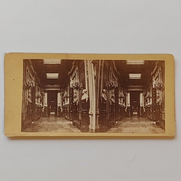 ANTIQUE Stereograph Card Sculpture Gallery Luxemburg Palace Paris France - Picture 1 of 3